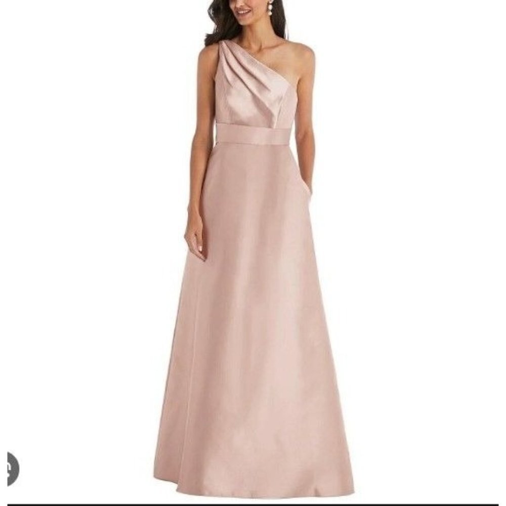 Alfred Sung One-Shoulder Toasted Sugar Gown Satin A-Line Wedding 12 Women NWT